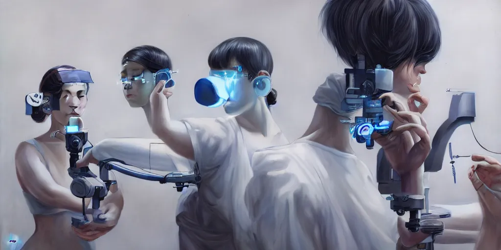 Prompt: hyperrealistic photography of a gorgeous android assisting a human eye testing machine in the style of Jin Kagetsu, James Jean and wlop, highly detailed, masterpiece, award-winning, sharp focus, intricate concept art, ambient lighting, 8k, artstation