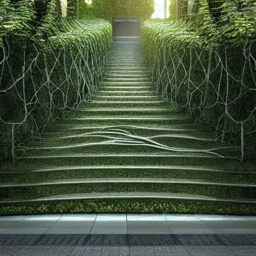 Image similar to a set of stairs with vines growing up them, a raytraced image by Tadao Ando, flickr contest winner, environmental art, streetscape, vray, national geographic photo