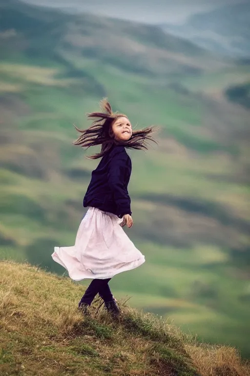 Image similar to a girl enjoying the wind in the edge of a hill, beautiful landscape, aesthetic