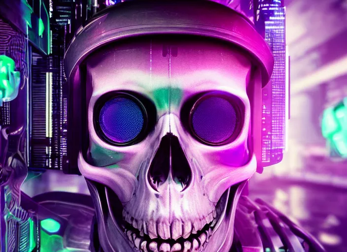 Image similar to a futuristic skull with glowing eyes and a purple background, cyberpunk art by android jones, behance contest winner, computer art, darksynth vaporwave, rendered in cinema 4 d