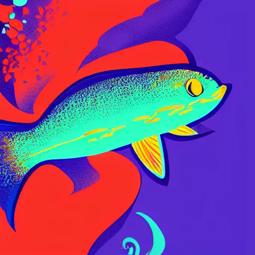 Image similar to one stylized fish with saturated colors viewed in profile in the ocean filled with very desaturated colors and complex sparkles and patterns, artstation, intricate, realistic, highly detailed, digital painting, concept art, sharp focus, illustration by tom whalen and charles williams and kilian eng and james jean