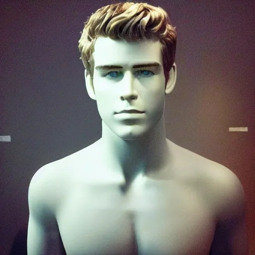 Image similar to “ a realistic detailed photo of a guy who is an attractive humanoid who is half robot and half humanoid, who is a male android, actor liam hemsworth, shiny skin, posing like a statue, blank stare, at the museum, on display ”