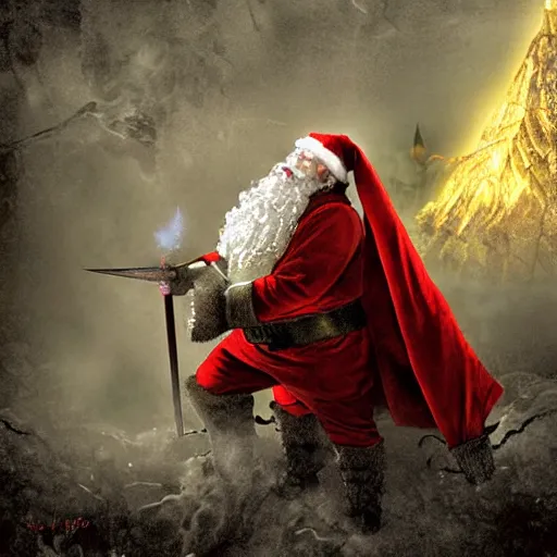 Prompt: Santa Claus fighting against sauron in lord of the rings, digital art, grim atmosphere