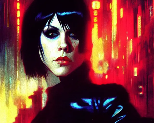 Image similar to a 4 k cinematic film screenshot still portrait of joan jett in blade runner, deep focus, d & d, fantasy, intricate, elegant, highly detailed, digital painting, artstation, concept art, matte, sharp focus, illustration, dark fantasy style art, hearthstone, art by artgerm and greg rutkowski and alphonse mucha