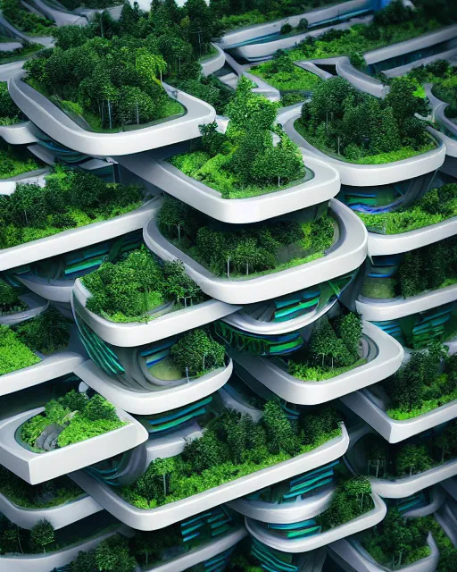 Image similar to 3 d illustration cycles render of futuristic environmental city architecture with building terraces covered in vegetation and high rise structures connected by bridges on multiple different levels by beeple and annibale siconolfi