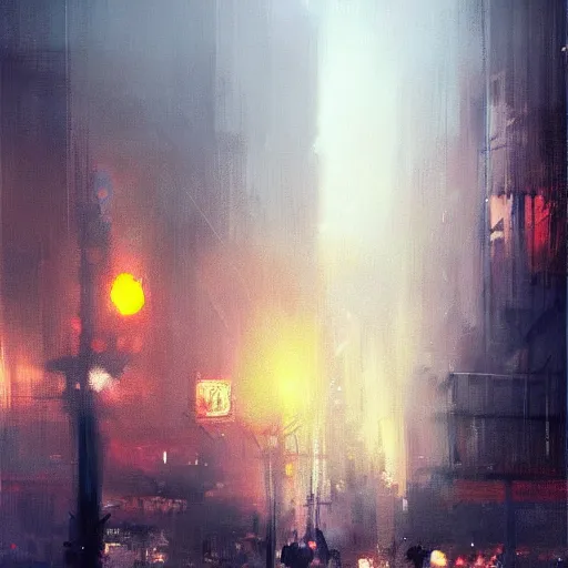 Prompt: City lights at night with a lot of people walking, street lights, cars, digital art trending on artstation by Jeremy Mann