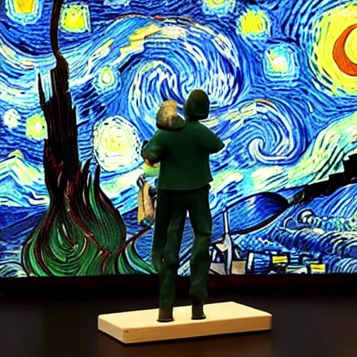 Image similar to joyous, fit, powerful, vincent van gogh standing next to his small painting starry night which is on an easel, stop motion vinyl action figure, plastic, toy, butcher billy style