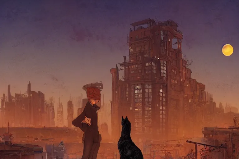 Image similar to a detailed illustration of a lonely sad dog against the background of a ravaged city and a red moon, artstation, by John Philip Falter, Art Nouveau, sophisticated, Unreal engine, dystopia, anti-utopia, post processing, nostalgic melancholic artwork, intricate