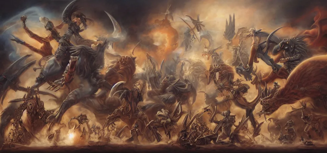 Image similar to alliance versus horde by Tom Bagshaw and Manuel Sanjulian and Boris Vallejo, Hyperrealism