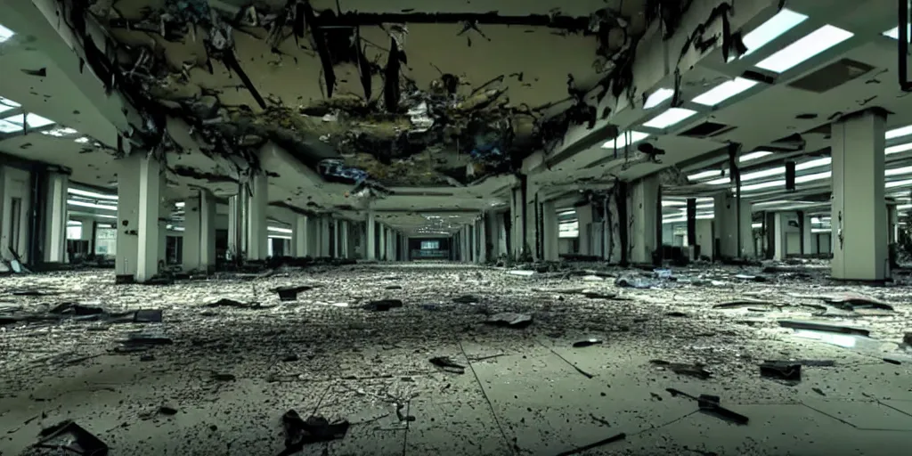 Image similar to abandoned replicant factory in a mall, damaged camcorder video