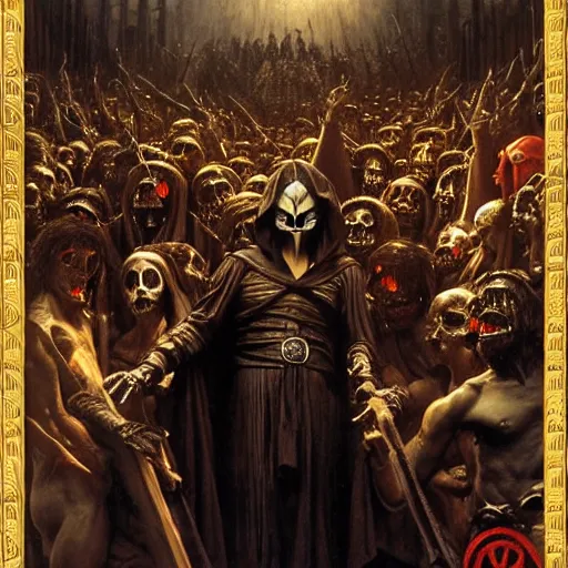 Image similar to dante's inferno, with people in black hooded tunic like in the film eyes wide shut of stanley kubrick, illuminati symbol, crows, skeletons, crosses, dark beauty, rotten gold, perfect faces, extremely detailed. highly detailed painting by gaston bussiere, craig mullins j. c. leyendecker 8 k