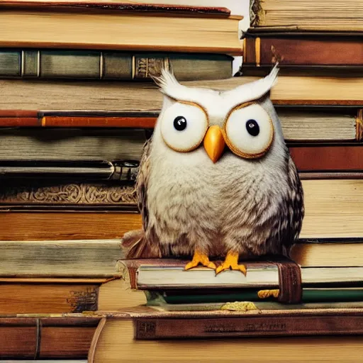 Image similar to long shot of a very cute plushy owl with eyelids half cloed sitting on a pile of antique books, by esao andrews, by pixar, humorous illustration, hyperrealistic, big depth of field, fresh colors, dim light, 3 d octane render conceptart, 4 k, hyperdetailed, trending on artstation