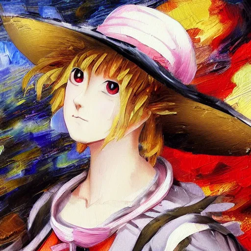 Prompt: Classical oil painting of Kirisame Marisa painted in the style of the old masters, Touhou project, anime, painterly, thick heavy impasto, expressive impressionist style, painted with a palette knife