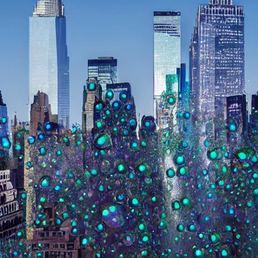 Image similar to a photo of the new york skyline except all the buildings are made of iridescent bubbles