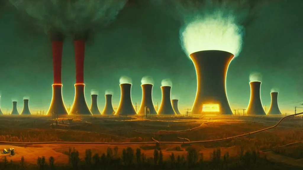 Image similar to A nuclear power plant in utopia by Simon Stålenhag and J.M.W. Turner, oil on canvas; Nuclear Fallout, Art Direction by Adam Adamowicz; 4K, 8K Ultra-Realistic Depth Shading; Epic 4k dream drone shots