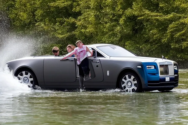 Image similar to Teenagers push Rolls-Royce into lake with their hands from a small slide wanting to drown him