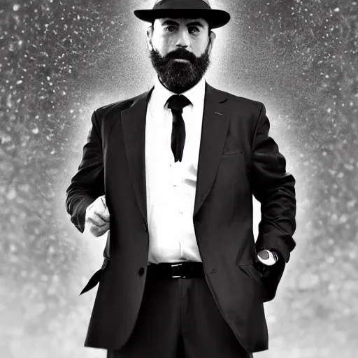 Image similar to bearded rugged man, noir detective, suit and tie, 4 k, photo realistic, black and white