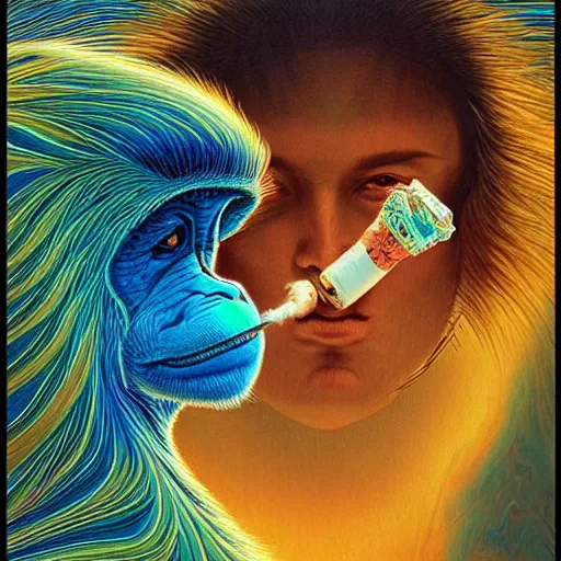 Prompt: ( monkey smoking a cigarette ) ( ( ( hyper detailed masterpiece, psychedelic fractal pattern, jean giraud, digital art painting, dream wave aesthetic, ethereal, artgerm, donato giancola, tom bagshaw ) ) )