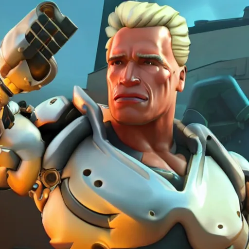 Image similar to a screenshot of arnold schwarzenegger as mercy in overwatch, full body shot