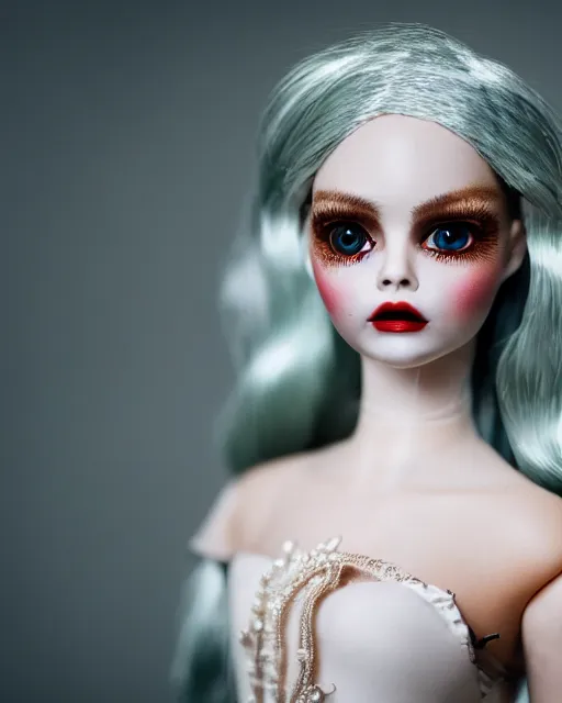 Image similar to high quality presentation photo of cara delevigne as a porcelain doll, photography 4k, f1.8 anamorphic, bokeh, 4k, Canon, Nikon