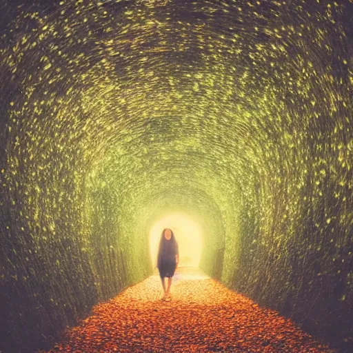 Image similar to tunnel of leaves, moody atmosphere, late summer, hazy, glowing lights, spiral, lost woman, dreamy