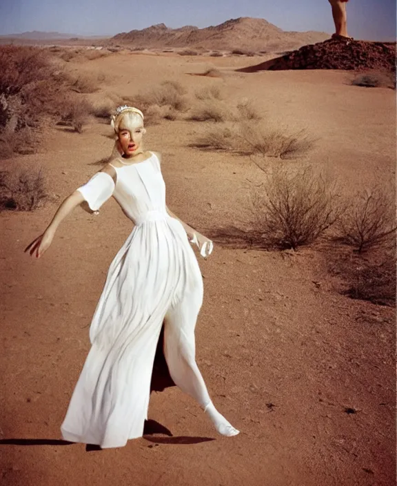 Image similar to blonde woman in the desert, white dress, by norman parkinson