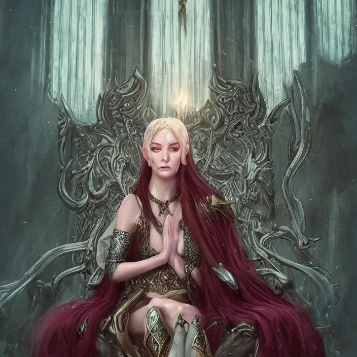 Image similar to cruel elvish empress in her throne, fantasy, d & d, digital painting, art station, by wlop