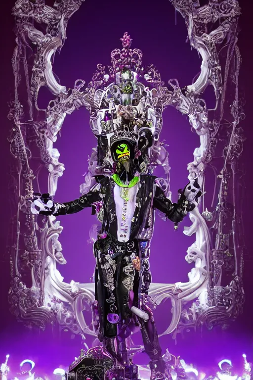 Image similar to full-body rococo and cyberpunk style violet neon statue of a young attractive Spanish male macho dotado android reclining sim roupa con piroca, glowing white face, prince crown of orange steampunk gears, diamonds, swirling silver-colored silk fabric. futuristic elements. full-length view. space robots. human skulls. throne made of bones, intricate artwork by caravaggio. Trending on artstation, octane render, cinematic lighting from the right, hyper realism, octane render, 8k, depth of field, 3D