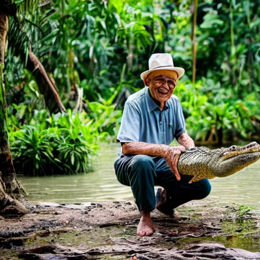 Prompt: elderly man feeding a crocodile, smiling, happy, crocodile, jungle, canon eos r 3, f / 1. 4, iso 2 0 0, 1 / 1 6 0 s, 8 k, raw, unedited, symmetrical balance, wide angle