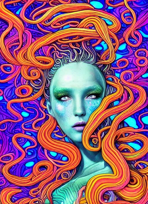 Image similar to A sea goddess with colorful tentacles hair having an extremely colorful psychedelic experience, warping time and space, magic mushrooms, psilocybin, LSD, face, detailed, intricate, elegant, highly detailed, digital painting, artstation, concept art, smooth, sharp focus, illustration, art by Krenz Cushar, Artem Demura, alphonse mucha and beeple, Octane render, unreal engine, 8K