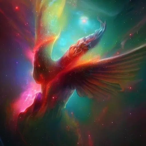 Image similar to a nebula in shape of a pheonix in space, artstation, cgsociety, highly detailed