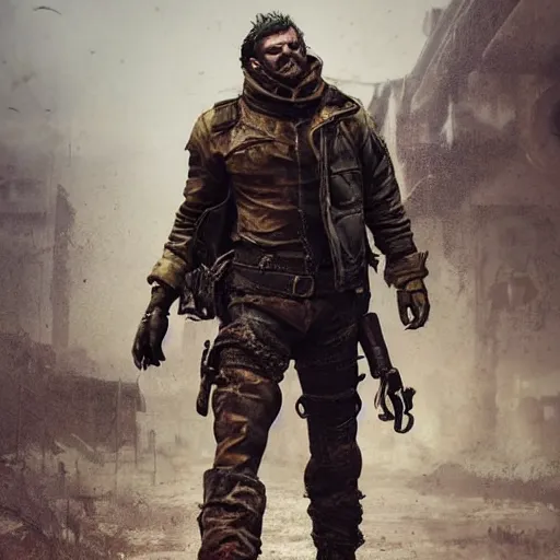 Image similar to fallout 5, charismatic imposing rugged mad max inspired protagonist, portrait, outdoors european cityscape, atmospheric lighting, painted, intricate, volumetric lighting, beautiful, daytime, wet, rainy, foggy weather, slight overcast, sharp focus, deep colours, ultra detailed, by leesha hannigan, ross tran, thierry doizon, kai carpenter, ignacio fernandez rios