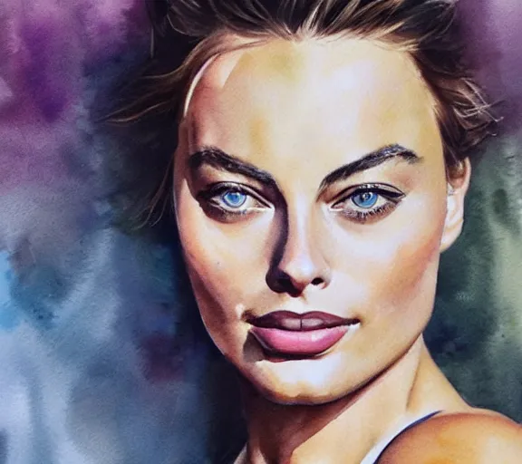 Prompt: A photorealistic portrait of margot robbie, watercolor art, detailed face, highly detailed, trending on artstation