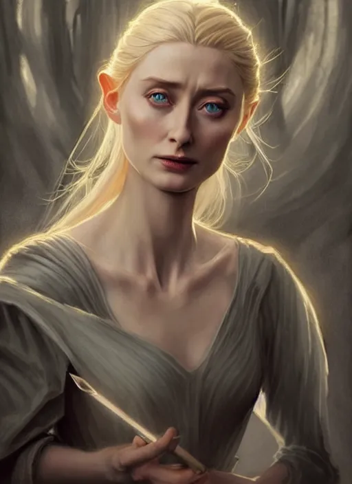 Image similar to beautiful stunning elizabeth debicki as galadriel, lord of the rings, lotr fanart, trending on artstation, character art, the hobbit digital painting, concept art, smooth, sharp focus, illustration, art by artgerm and greg rutkowski, radiant light,