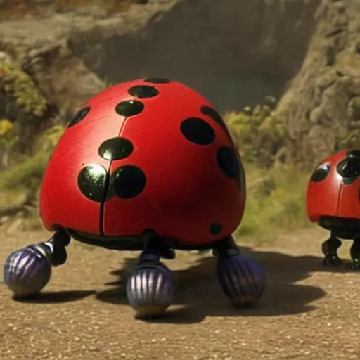 Image similar to promotional movie still, ladybugs, ladybug quadruped with big piercing eyes, ladybug hobbits, ladybug robots, space western, the fellowship of the ring ( film )