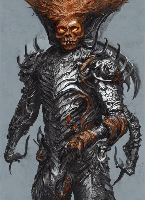 Image similar to powerful male pumpkin, willem dafoe as pumpkinhead, oz, full body character concept, covered in full metal armor, art nouveau, super powers, fantasy, intricate, elegant, highly detailed, digital painting, artstation, concept art, shining, sharp focus, illustration, art by stanley lau