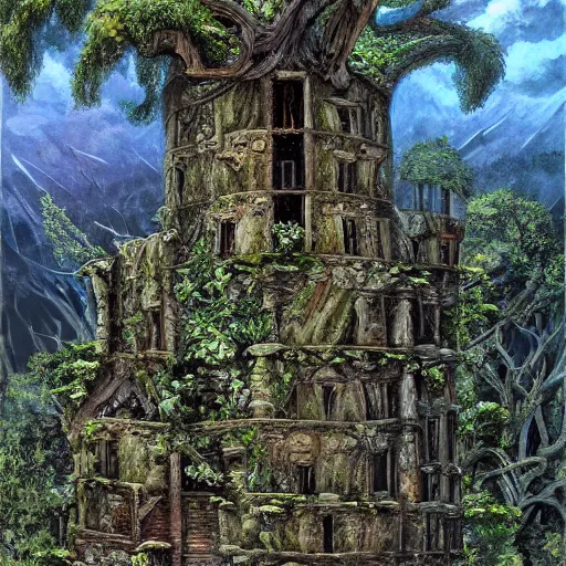 Prompt: Painting of the overgrown ruins of a wizard's tower. A tree grows out of the ruined roof of the tower. Fantasy art.