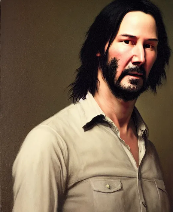 Prompt: portrait of keanu reeves as a kentucky farmhand, art by denys tsiperko and bogdan rezunenko and george caleb bingham, hyperrealism