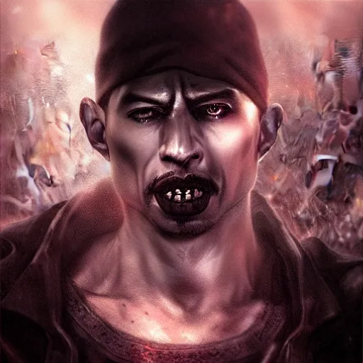 Image similar to 2 pac as a vampire, darkwave, darksynth, concept headshot art, sharp, digital matte painting, art by luis royo, greg rutkowski, wlop, dramatic lighting, trending on artstation