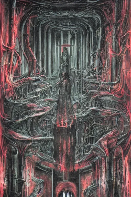 Prompt: giger matte painting, depth art insane, witchcraft patterns, pour cell painting, crimson emerald vibrant, fluorescent flesh glowing, tarot depictions of darkness evil incarnate