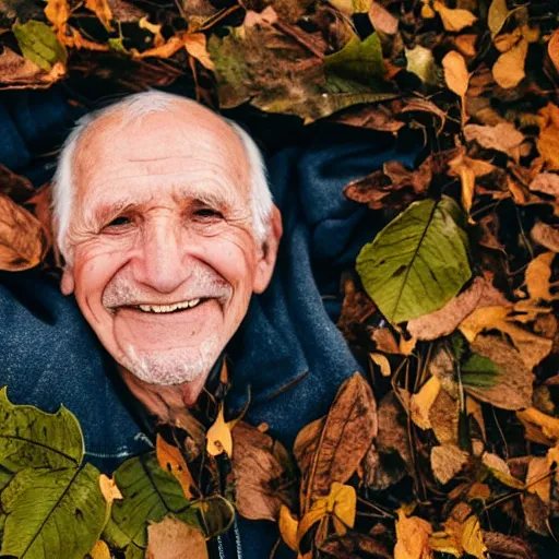 Prompt: an smiling old man hidden under leaves