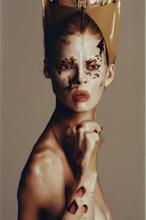 Image similar to margiela campaign featuring the violator as a female cowgirl, long eyeslashes, big juicy lips, big seductive eyes