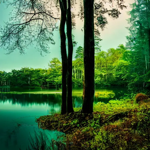 Prompt: photo of an ethereal forest and lake