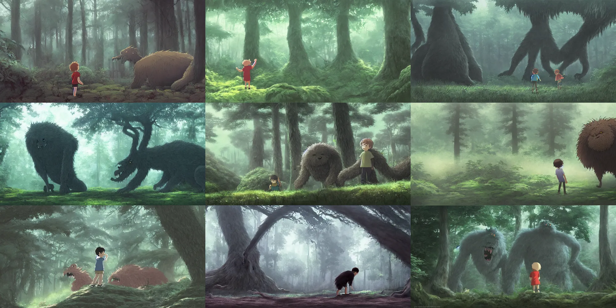 Prompt: a small boy discovers a giant hairy monster in a misty forest, painting by studio ghibli, cgsociety