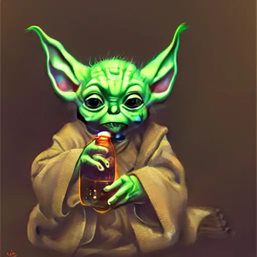 Image similar to Baby yoda drinking soda, highly detailed, digital painting, artstation, concept art, sharp focus, illustration, art by greg rutkowski and alphonse mucha