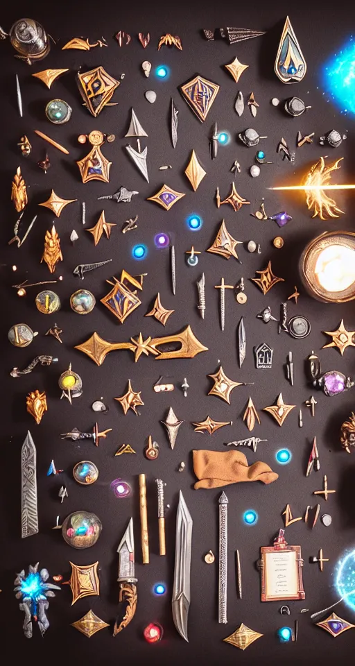 Image similar to a knolling of magical weapons, glowing potions, magic wands and spellbooks, spell top down view, overhead view, flatlay