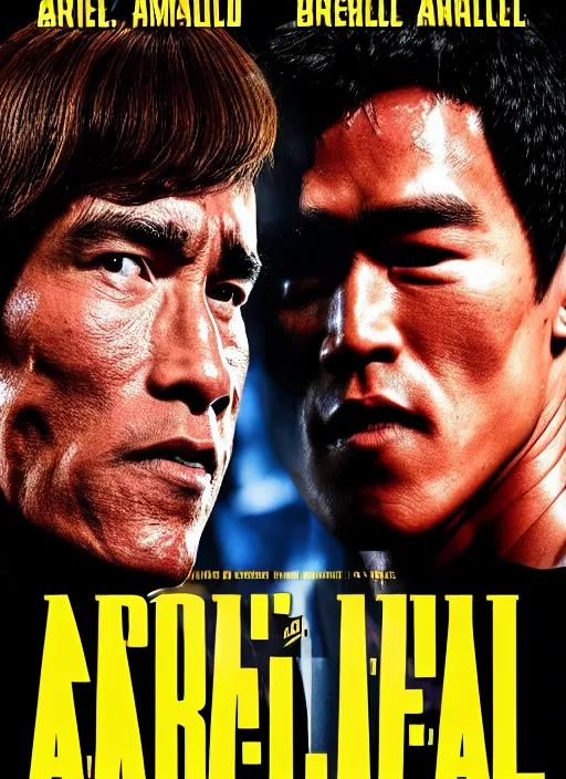 Image similar to Film poster, Arnold Schwarzenegger VS Bruce lee , faces look at each other, detailed and realistic, 4k, filmic render