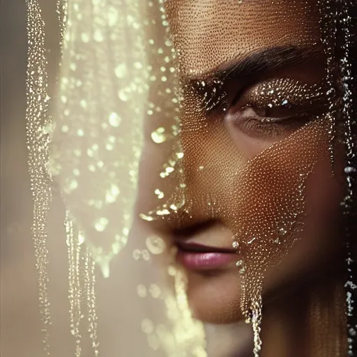 Image similar to full shot of a regal brown - skinned south asian woman wearing an intricate and detailed armor made of dew drops. dew drops around eyes. refracted light. morning dew. delicate. translucent. haunting eyes. vulnerable. fragile. ethereal. refracted light. by ray caesar. by louise dahl - wolfe. surreal photography.