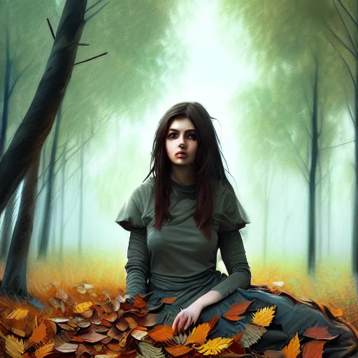 Prompt: a pretty girl clothed in leaves, surrounded by wolves digital painting, photorealistic, in the style of greg rutkowski, full body, detailed face