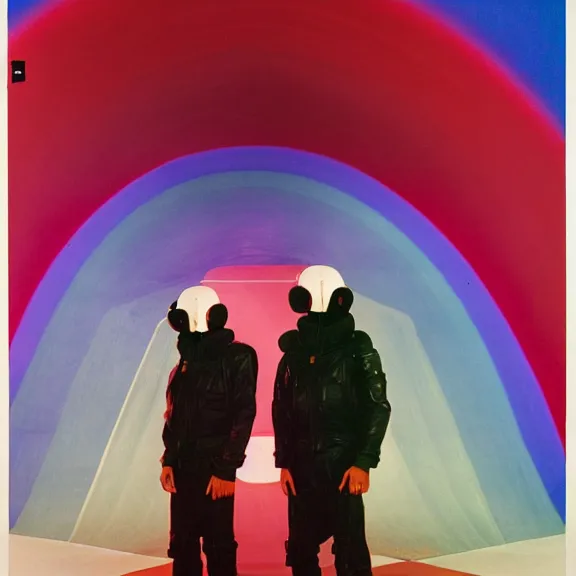 Image similar to two time pilots wearing flight masks and red rick owens flight suits inside the glowing geometric rainbow portal to the sixth dimension by frank frazetta